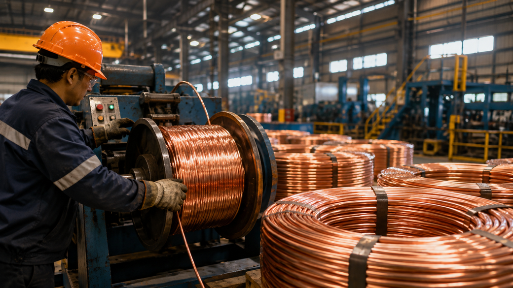 The image depicts a worker in a manufacturing facility handling large spools of copper wire. The environment is industrial, with machinery and stacks of materials visible in the background.