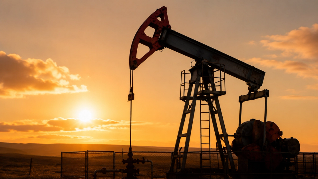 The image depicts a silhouetted oil pump jack against a vibrant sunset. The scene captures the pumping mechanism and surrounding landscape, highlighting the energy sector's infrastructure in a rural setting.