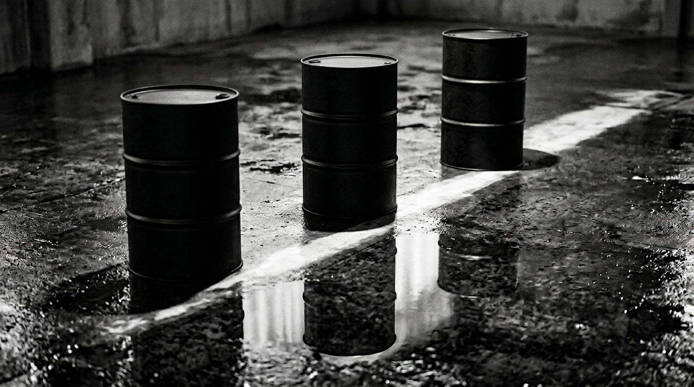 The image features three unmarked black oil drums arranged diagonally on a wet concrete floor. The surface reflects their silhouettes sharply, creating dark mirrored images below. A single overhead light casts distinct circular shadows around the drums, emphasizing the monochrome palette of black, grey, and white.