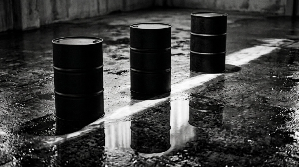 The image features three unmarked black oil drums arranged diagonally on a wet concrete floor. The surface reflects their silhouettes sharply, creating dark mirrored images below. A single overhead light casts distinct circular shadows around the drums, emphasizing the monochrome palette of black, grey, and white.