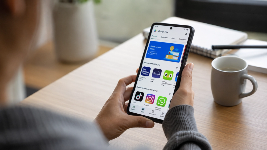 A person is holding a smartphone displaying the Google Play Store interface, featuring various app recommendations. In the background, there is a notebook and a mug on a wooden table.