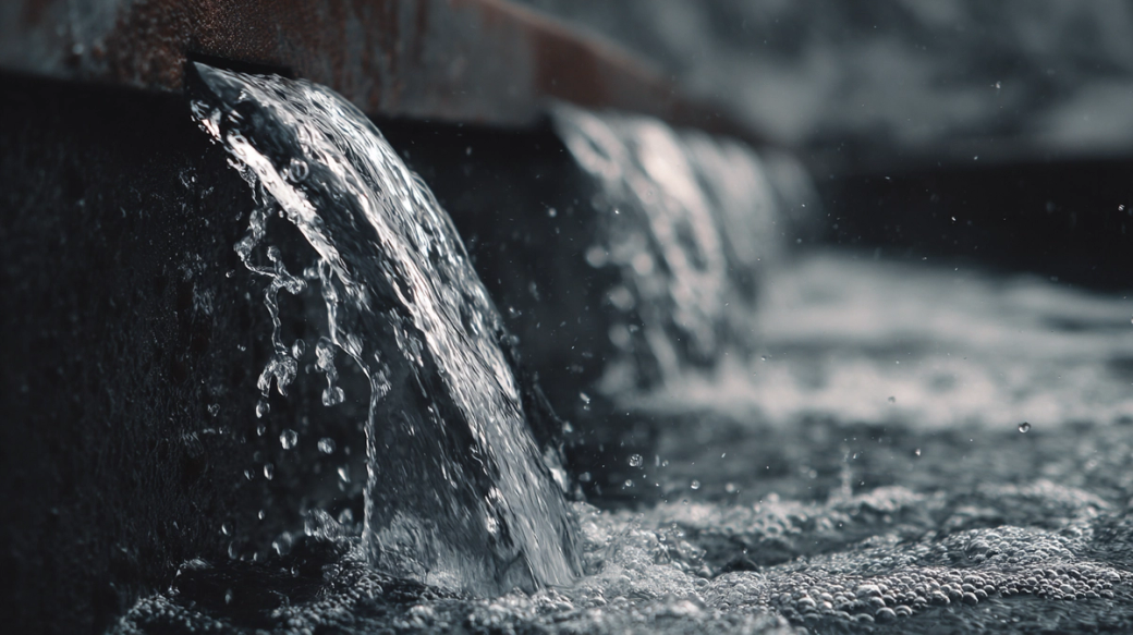 The image captures a close-up view of water cascading over a ledge, creating bubbles as it flows into a dark, reflective surface below. The focus is on the movement and texture of the water, highlighting its dynamic nature.