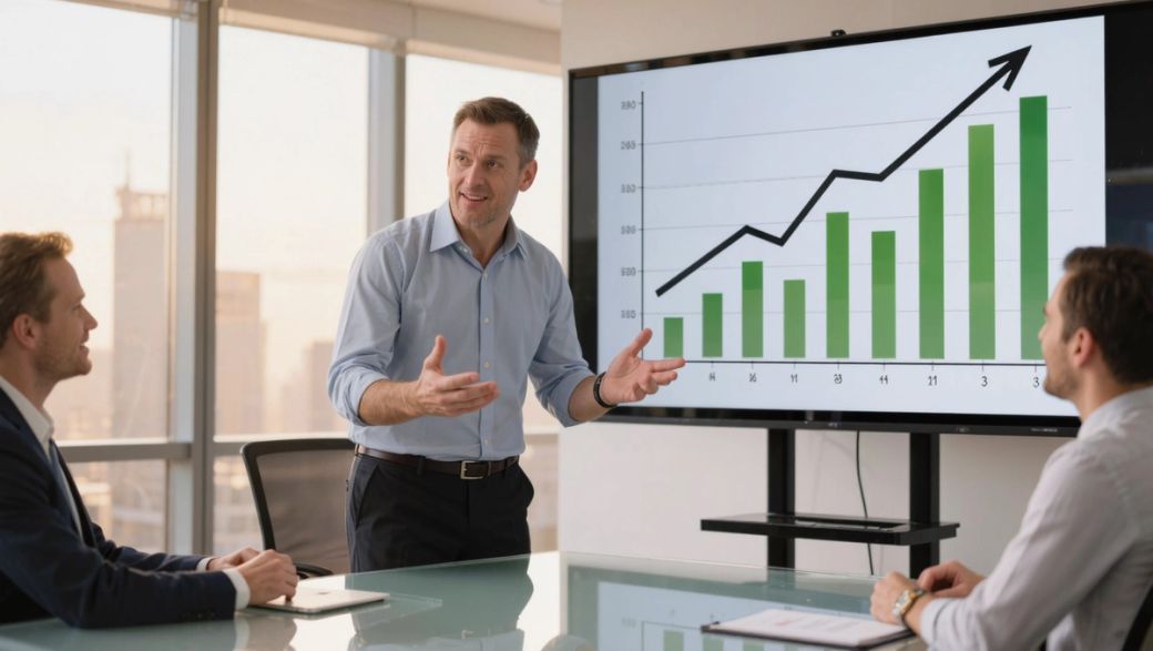A business meeting in a modern office setting where a man is presenting a growth chart on a screen. The audience consists of three individuals engaged in the presentation, illustrating a discussion about performance metrics.