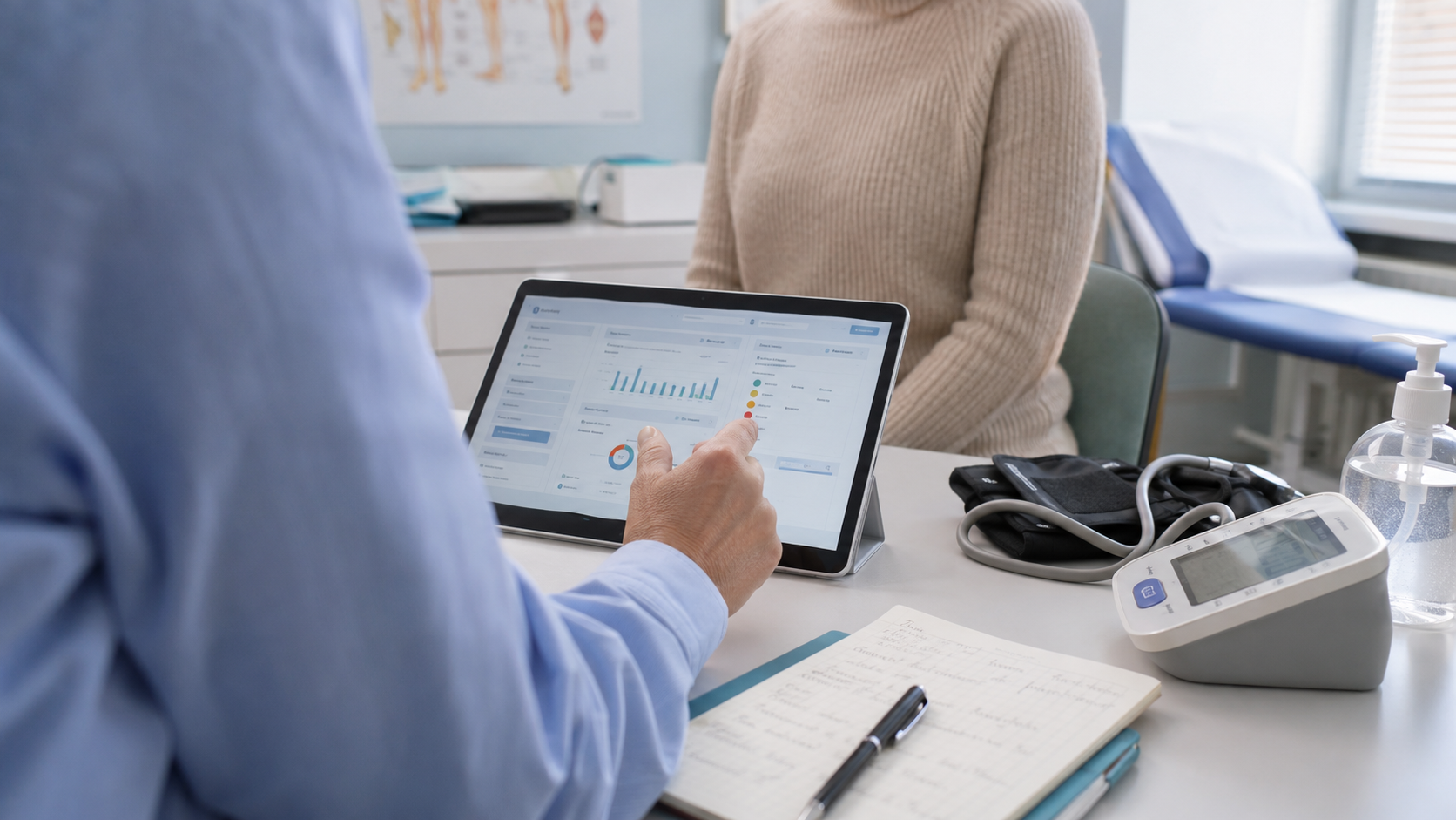 A healthcare professional is interacting with a patient in a medical office, displaying health data on a tablet. The scene captures a clinical environment with medical equipment in the background.