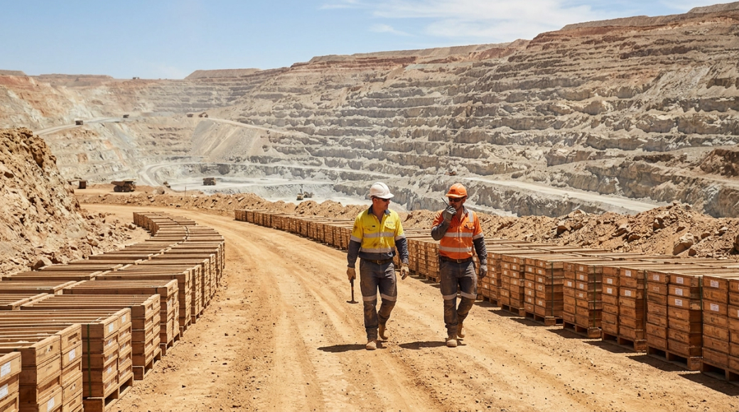 Two workers wearing safety gear walk along a dirt path in a mining operation, with layered rock formations visible in the background. The site features stacked wooden containers, indicating material storage or transport.