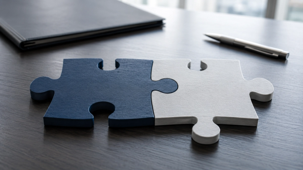 The image features two interlocking puzzle pieces, one blue and one white, placed on a wooden desk. A notebook and pen are visible in the background, adding to the office setting.