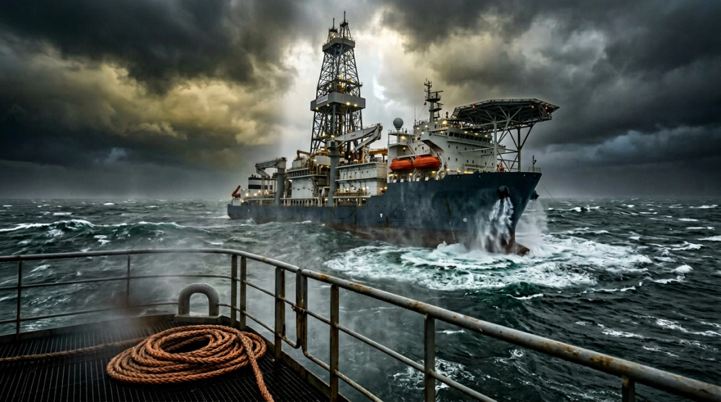 The image shows a drillship operating in heavy weather, with its derrick tower and accommodation block clear against a stormy sky. The turbulent sea is characterized by dark grey-green swells, while the visibility of white water from the ship's anchor chain gives a sense of its movement through the rough conditions.