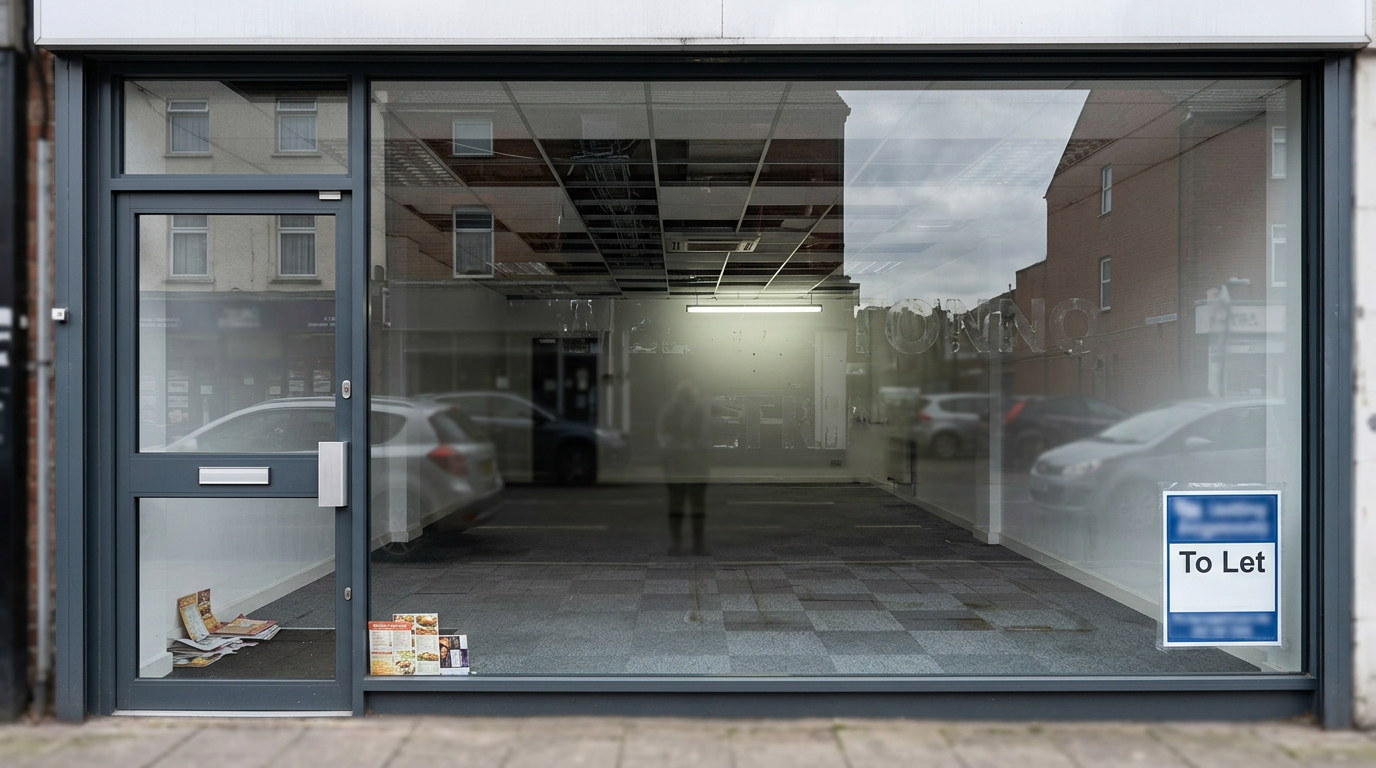 The image shows a vacant commercial retail space with large glass windows facing a street. The interior is devoid of furnishings, featuring a gray carpet and an advertisement sign in the window indicating that the space is available 'To Let.'