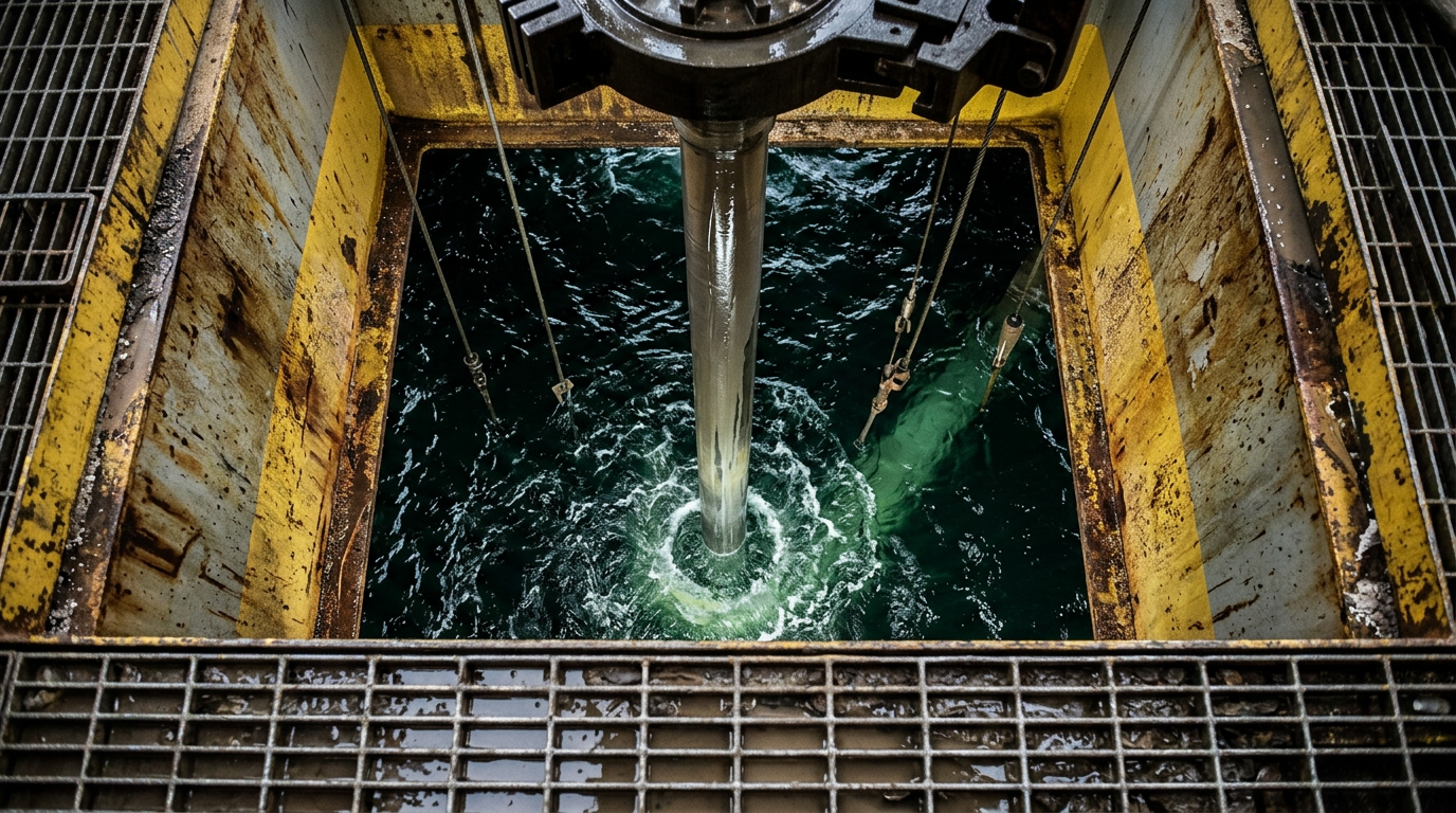 The image captures a view looking directly down into the moonpool of a semi-submersible rig, showcasing a drill string entering the ocean below. The steel pipe, streaked with drilling fluid, descends through the moonpool, surrounded by agitated seawater, while overhead structures remain partially visible in shadow.