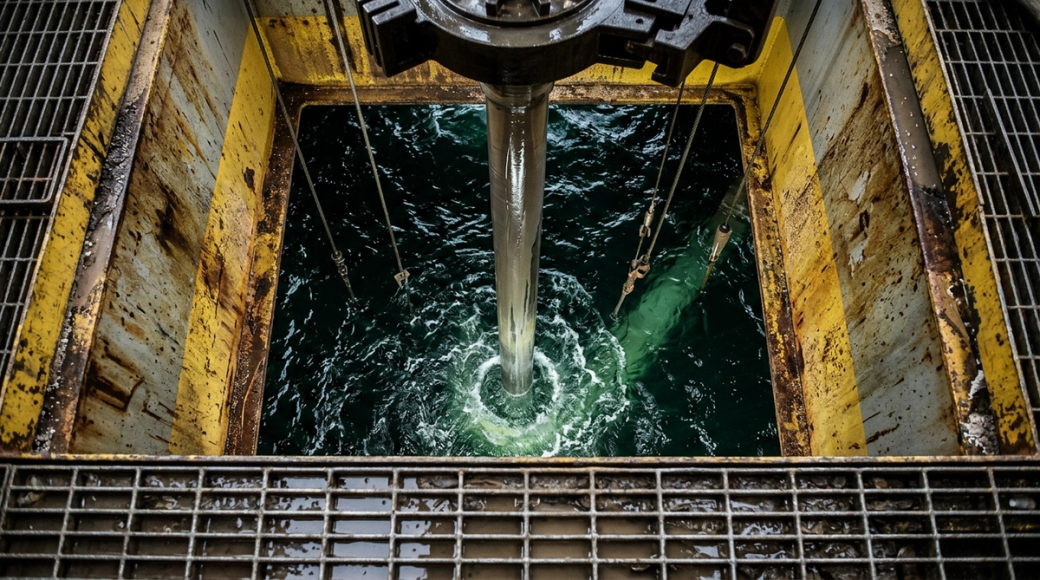 The image captures a view looking directly down into the moonpool of a semi-submersible rig, showcasing a drill string entering the ocean below. The steel pipe, streaked with drilling fluid, descends through the moonpool, surrounded by agitated seawater, while overhead structures remain partially visible in shadow.