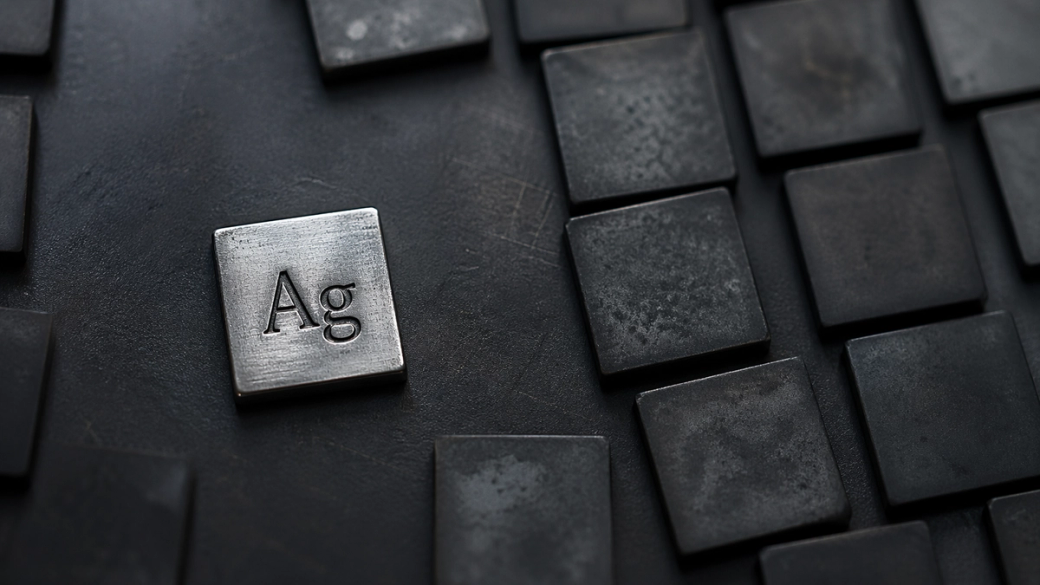 The image features a metal square engraved with the symbol 'Ag', representing silver, placed among other similarly shaped dark metal squares. The focus is on the contrast between the shiny silver square and the matte black surrounding squares.