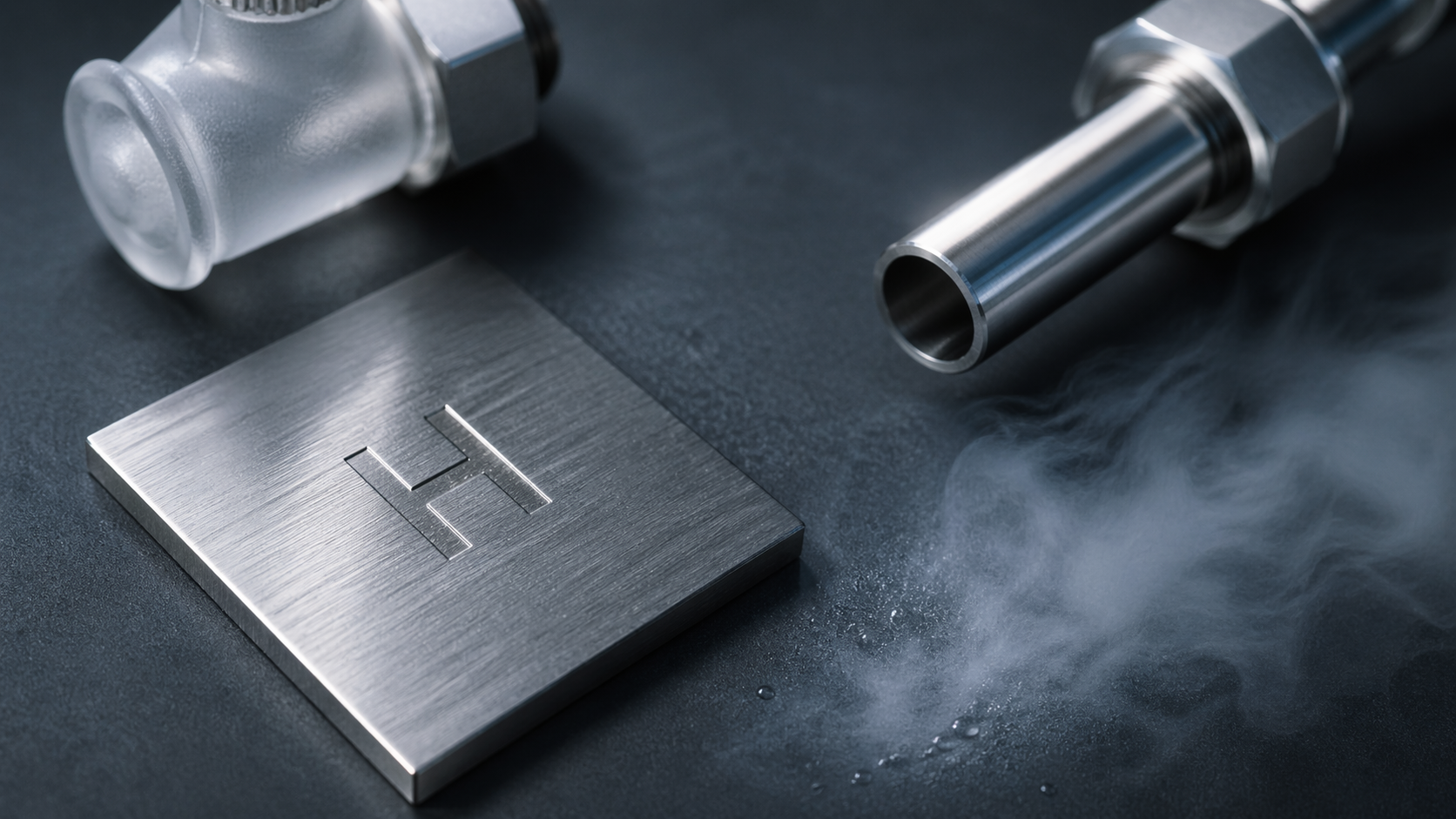 The image features a metallic surface with a prominent 'H' insignia, accompanied by a pipe and vapor. The setting suggests a focus on technology or industrial applications, particularly related to gases.