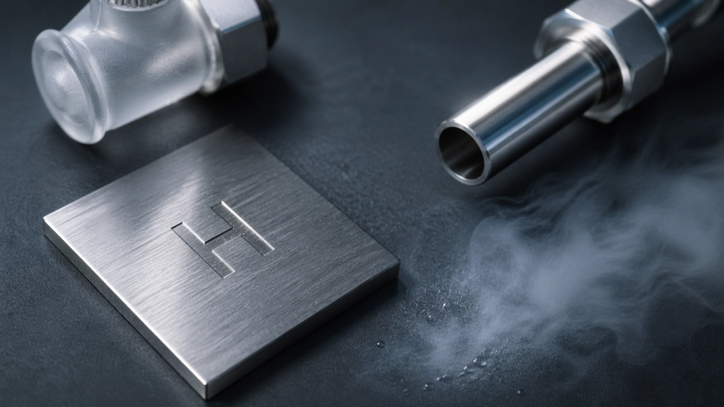 The image features a metallic surface with a prominent 'H' insignia, accompanied by a pipe and vapor. The setting suggests a focus on technology or industrial applications, particularly related to gases.