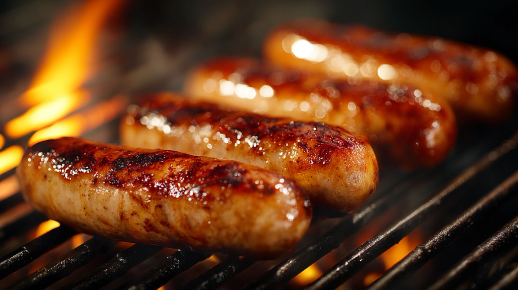 The image features several sausages grilling on a barbecue with flames in the background. The sausages are well-cooked, exhibiting a charred appearance indicative of high heat cooking.