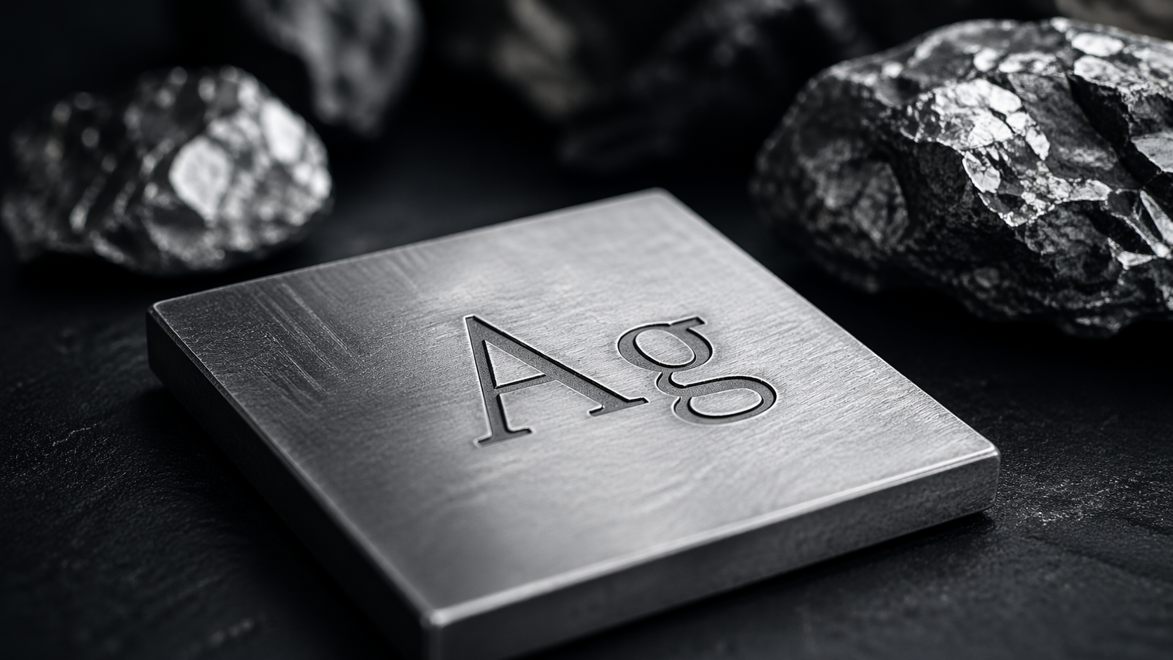 The image features a metallic representation of the chemical symbol 'Ag', which stands for silver, placed on a dark surface among black textured rocks. This composition highlights the element's significance in geology and mining.