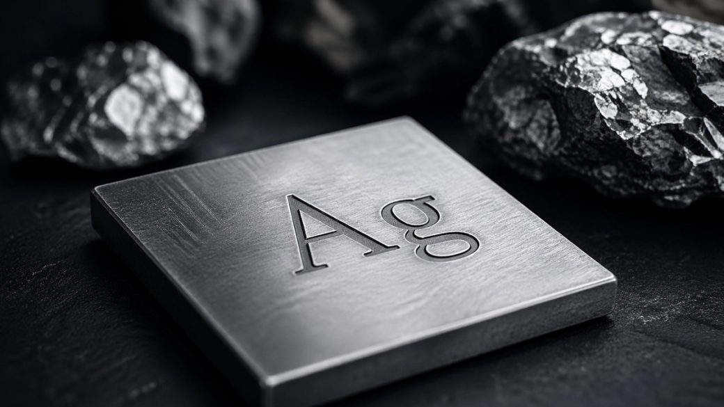 The image features a metallic representation of the chemical symbol 'Ag', which stands for silver, placed on a dark surface among black textured rocks. This composition highlights the element's significance in geology and mining.