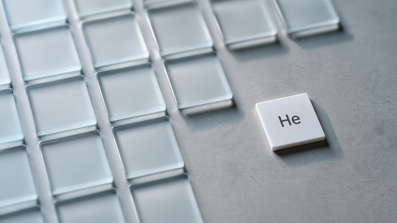 The image features a close-up of several glass-like tiles arranged in a grid pattern, with one distinct tile displaying the chemical symbol for helium, 'He'. The background is neutral, highlighting the tiles and the symbol.