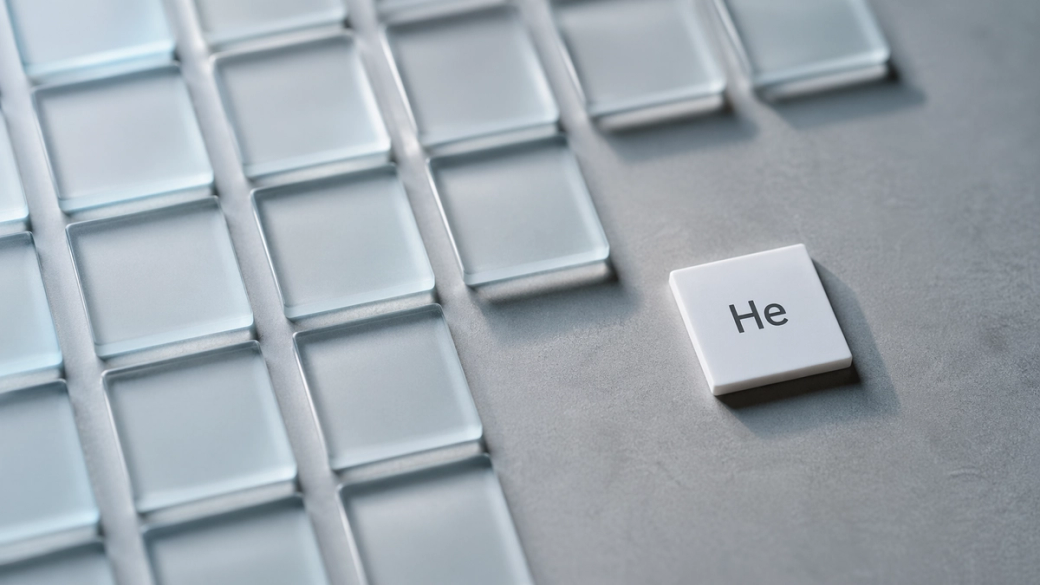 The image features a close-up of several glass-like tiles arranged in a grid pattern, with one distinct tile displaying the chemical symbol for helium, 'He'. The background is neutral, highlighting the tiles and the symbol.