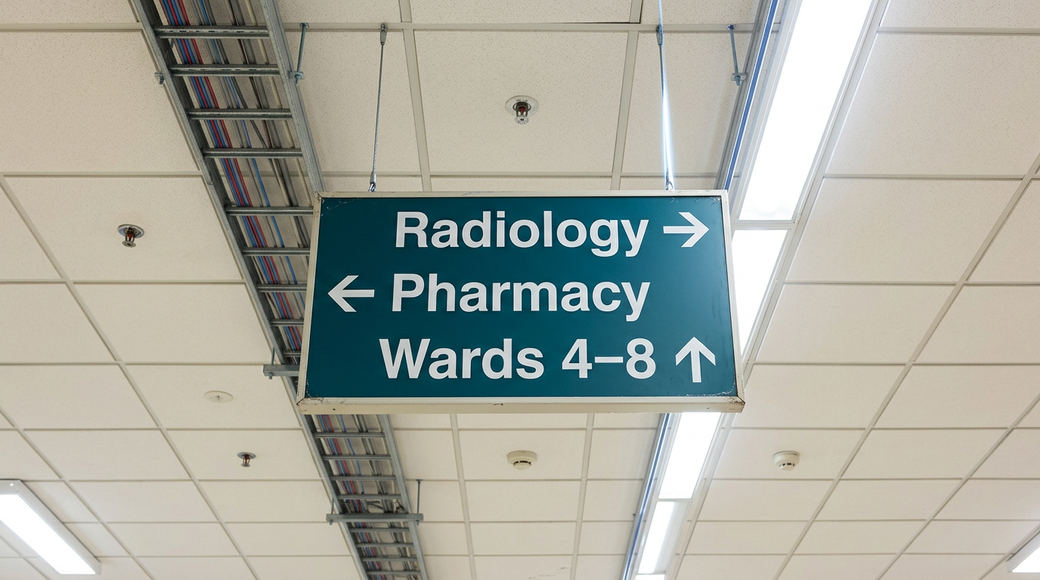 The image captures a close-up view of a double-sided hospital wayfinding sign suspended from the ceiling, showcasing directional arrows and generic departmental names. The sign, featuring utilitarian white text against a dark teal background, is framed by visible ceiling infrastructure, including fluorescent lights and acoustic tiles, creating a geometric composition.