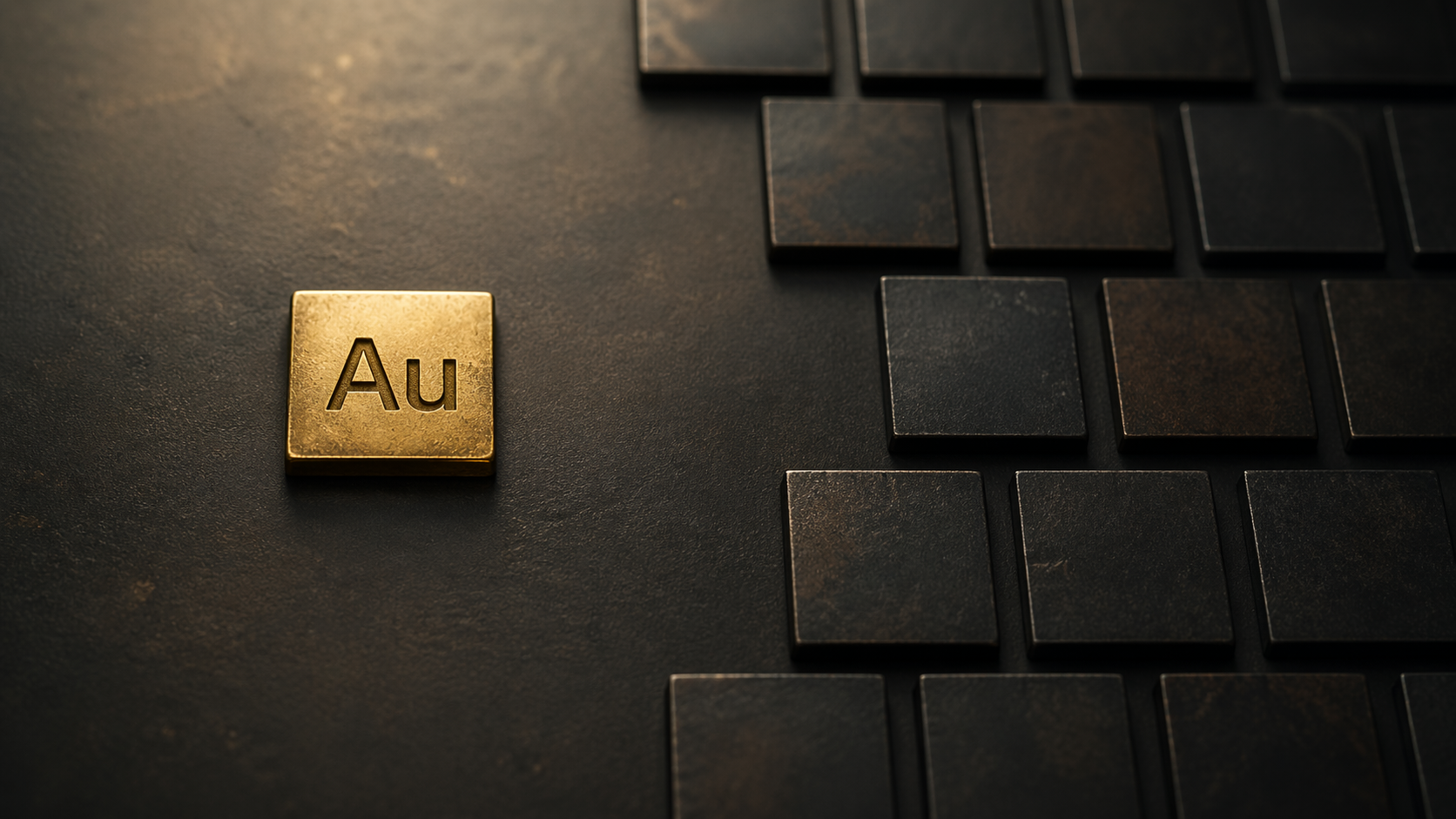 The image features a gold block with the chemical symbol 'Au' prominently displayed on a textured surface, accompanied by a series of darker, metallic squares arranged nearby. The contrast between the gold and the dark squares highlights the value of the precious metal.