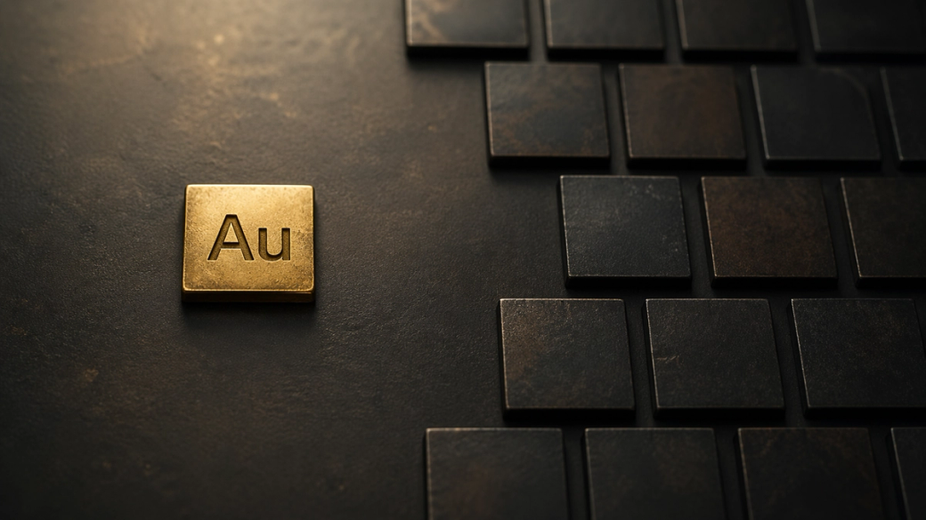 The image features a gold block with the chemical symbol 'Au' prominently displayed on a textured surface, accompanied by a series of darker, metallic squares arranged nearby. The contrast between the gold and the dark squares highlights the value of the precious metal.