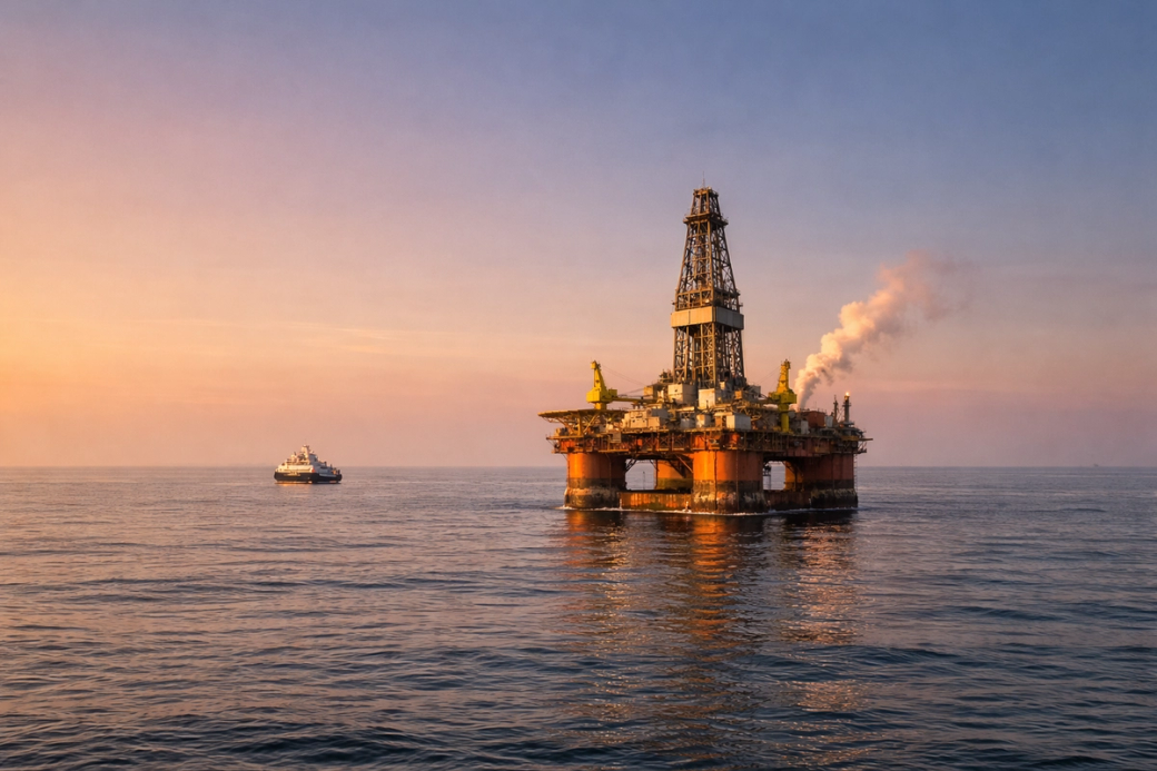 An oil drilling rig stands prominently in calm ocean waters during sunset, with smoky emissions visible on the upper structure. A supply vessel is seen nearby, emphasizing the maritime operations associated with offshore oil extraction.