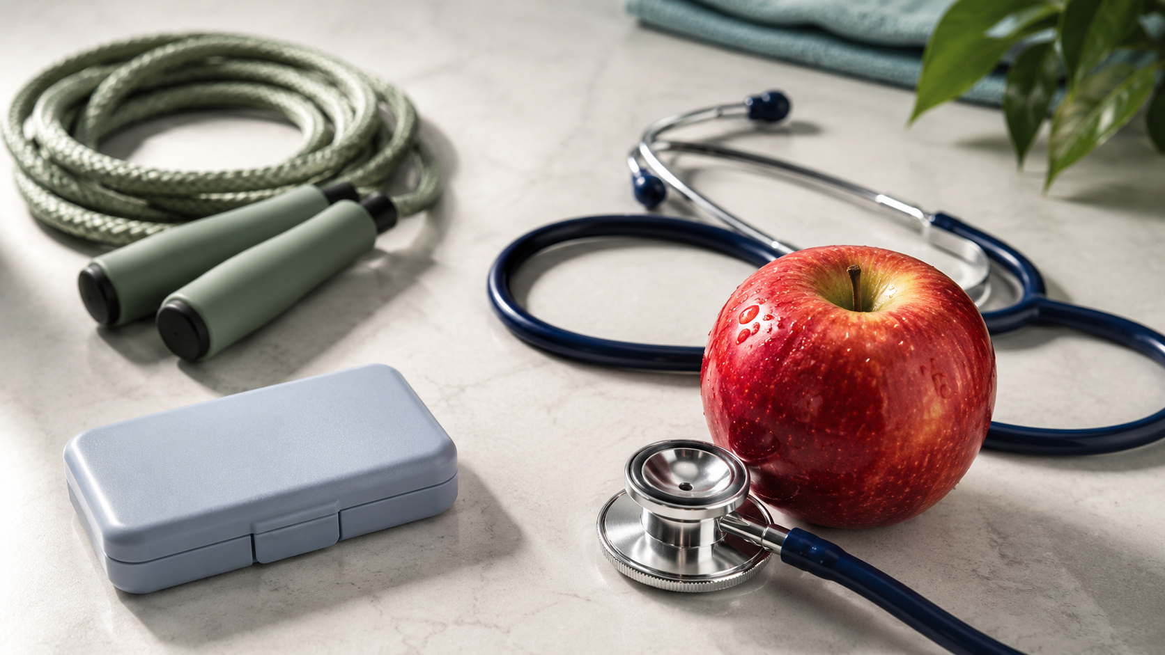 The image features a stethoscope, an apple, and a pair of exercise ropes arranged on a marble surface. This composition suggests a theme of health and wellness, combining elements of medical tools and fitness.
