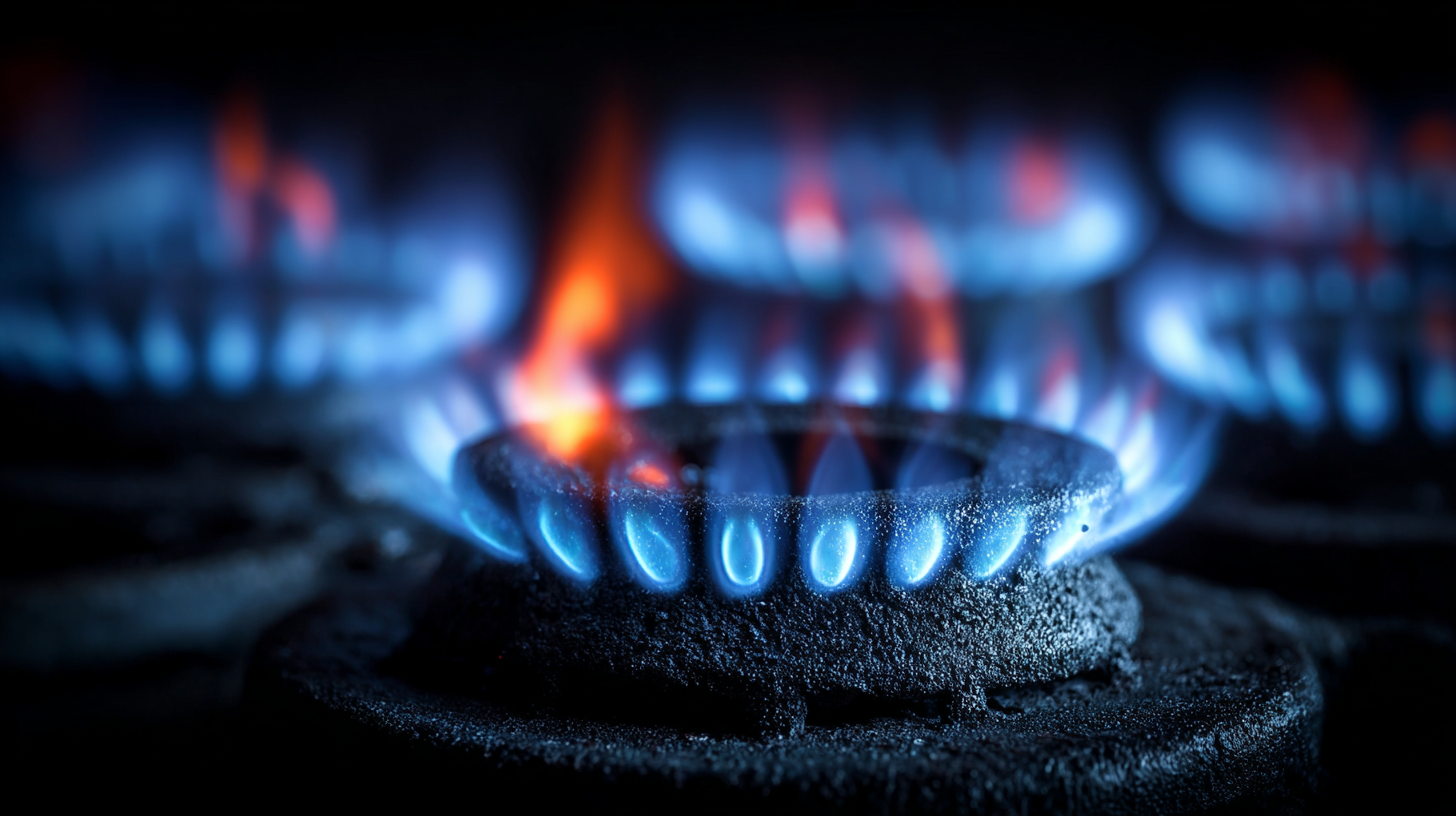 The image showcases a close-up of a gas burner ignited with blue and orange flames. The focus is on the flame's intricate patterns, highlighting the combustion process.