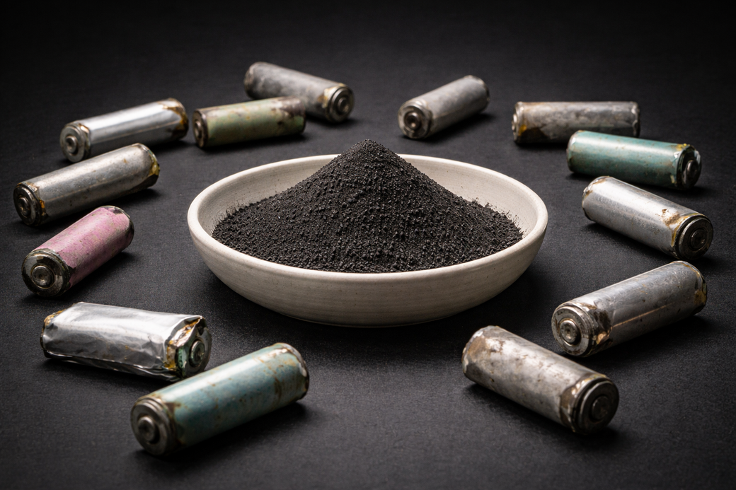 The image depicts a mound of black powder, possibly made from crushed batteries, placed in a white bowl at the center. Surrounding the bowl are various used batteries, showcasing different colors and conditions, indicating potential waste or recycling context.