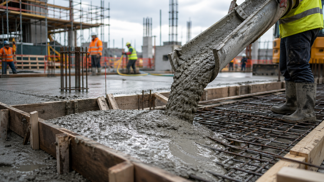 The image depicts construction workers pouring concrete at a construction site. Various workers are seen in safety gear, attending to the placement of wet concrete into wooden forms.
