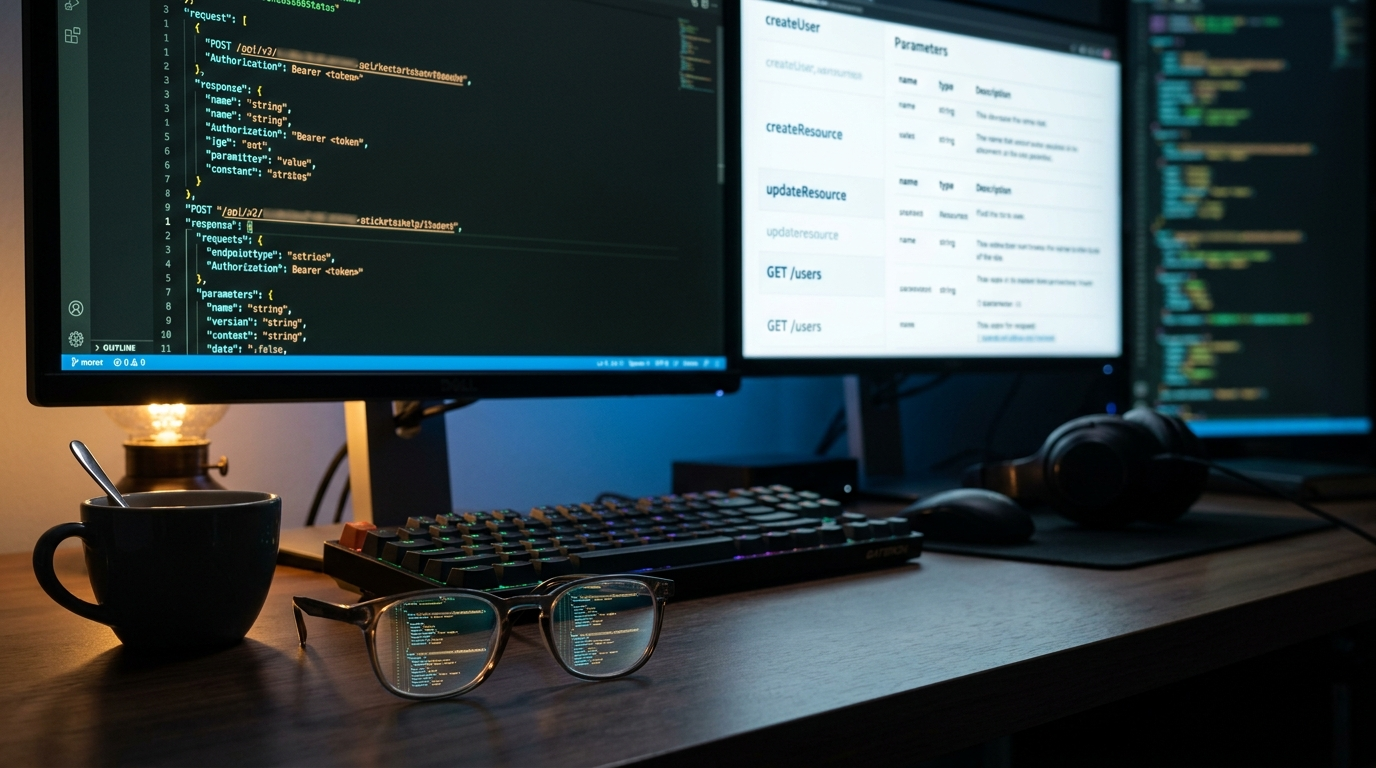 The image shows a developer's workspace featuring two monitors displaying detailed lines of code and API documentation. One monitor has JSON request and response blocks with syntax highlighting, while the other shows a clean layout with method names and parameter tables. The scene is illuminated by cool blue light and a warm desk lamp, creating a focused and modern technology environment.