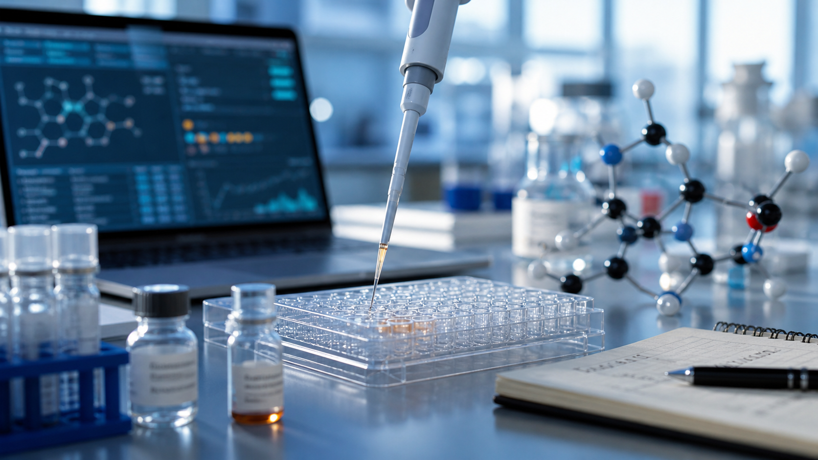 The image shows a laboratory setting with a pipette transferring liquid into a multi-well plate. In the background, a laptop displays data and molecular structures, indicating a connection to scientific research and experimentation.