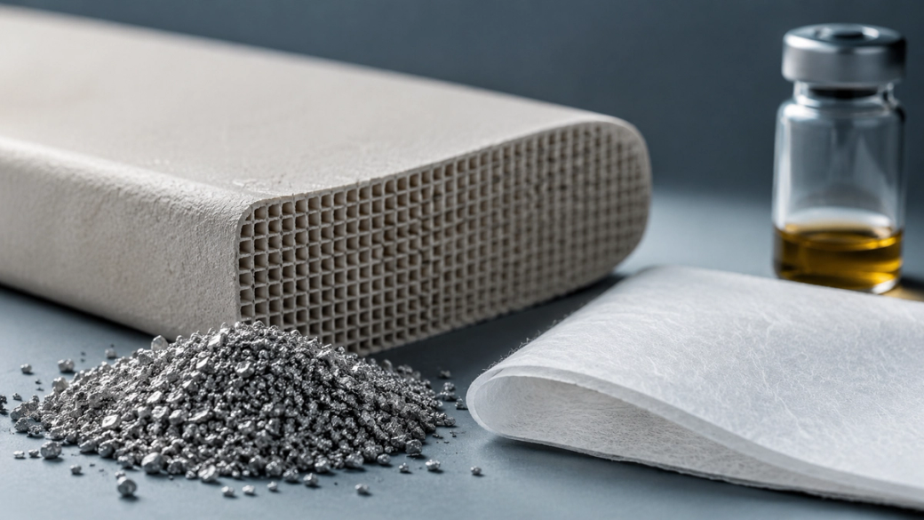 The image showcases various materials used in manufacturing, including a textured foam piece, a pile of silver granules, and a sheet of non-woven fabric. A small vial containing a liquid is also visible, suggesting a possible application in product development or industrial processes.
