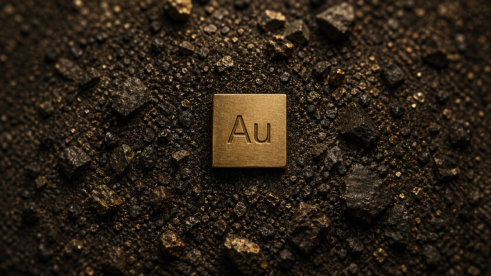 The image features a gold square tablet displaying the chemical symbol 'Au' on a textured surface of dark, coarse materials that resemble soil or minerals. The overall composition highlights the significance of gold in a natural setting.