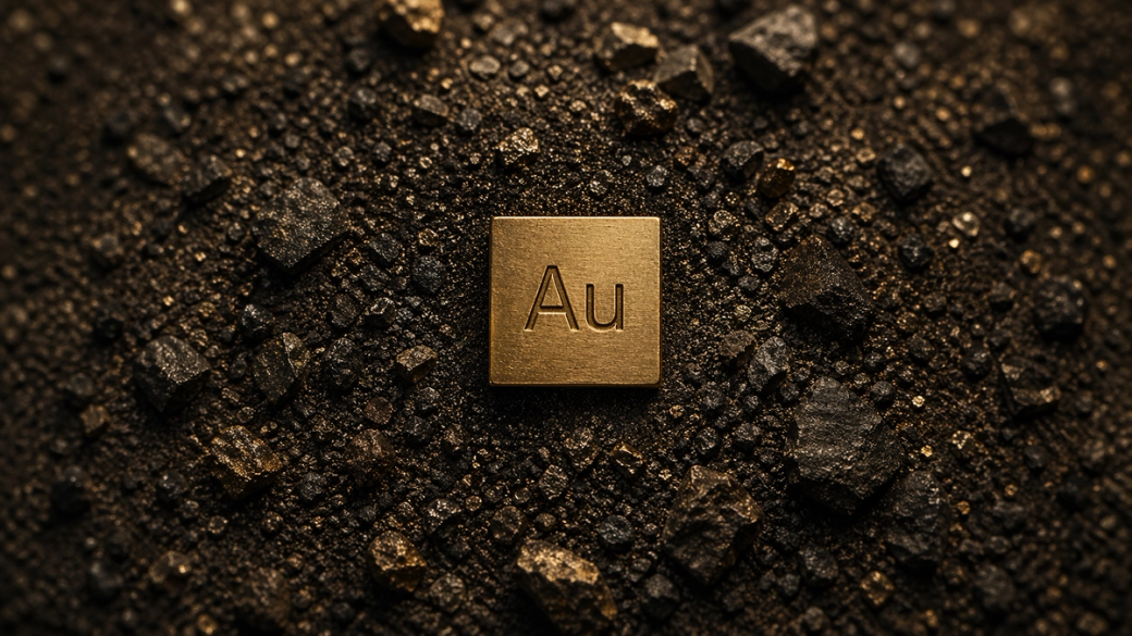 The image features a gold square tablet displaying the chemical symbol 'Au' on a textured surface of dark, coarse materials that resemble soil or minerals. The overall composition highlights the significance of gold in a natural setting.