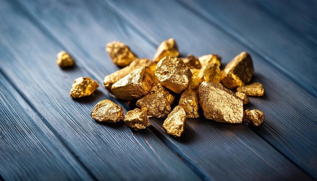 The image features a collection of gold nuggets arranged on a wooden surface, showcasing their shiny surfaces and irregular shapes. The lighting highlights the texture and luster of the gold, providing a contrast with the dark wood grain. — Credit: Photo by suradeach saetang on Unsplash