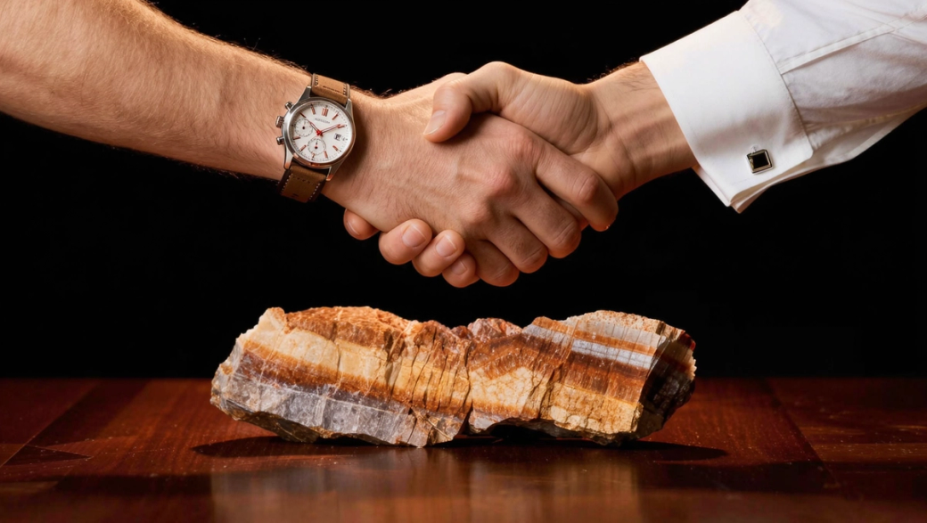 The image depicts two people shaking hands in front of a large piece of rock or mineral, highlighting a gesture of agreement or partnership. One individual is wearing a watch, emphasizing a formal or professional context.