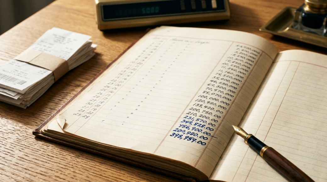The image features a close-up of a traditional accounting ledger page, open to a section with handwritten entries that show a vertical progression of inked numerals, indicating increasing figures. A brass desk calculator is positioned nearby, displaying unreadable digital characters, and a fountain pen rests across the page with fresh ink visible at its tip, suggesting a recent entry.