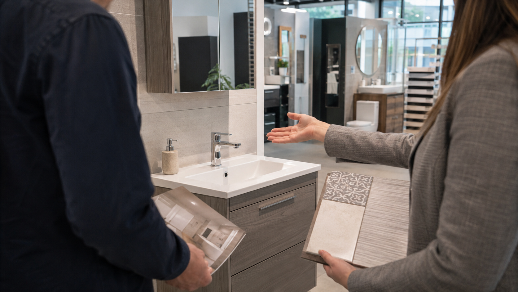 A person is presenting a bathroom fixture to another individual in a well-lit showroom. The setting features modern bathroom designs and decor, showcasing various fixtures and surface materials.
