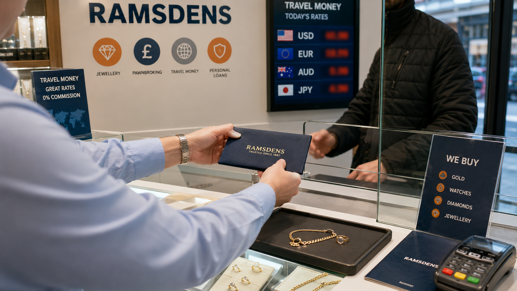 The image showcases a customer handing over a gold bracelet to a staff member at a currency exchange and pawn shop named Ramsdens. The setting features a display of various jewelry items and signage indicating travel money services.