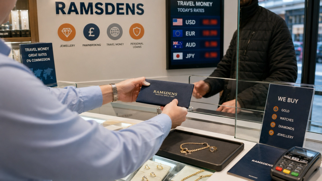 The image showcases a customer handing over a gold bracelet to a staff member at a currency exchange and pawn shop named Ramsdens. The setting features a display of various jewelry items and signage indicating travel money services.