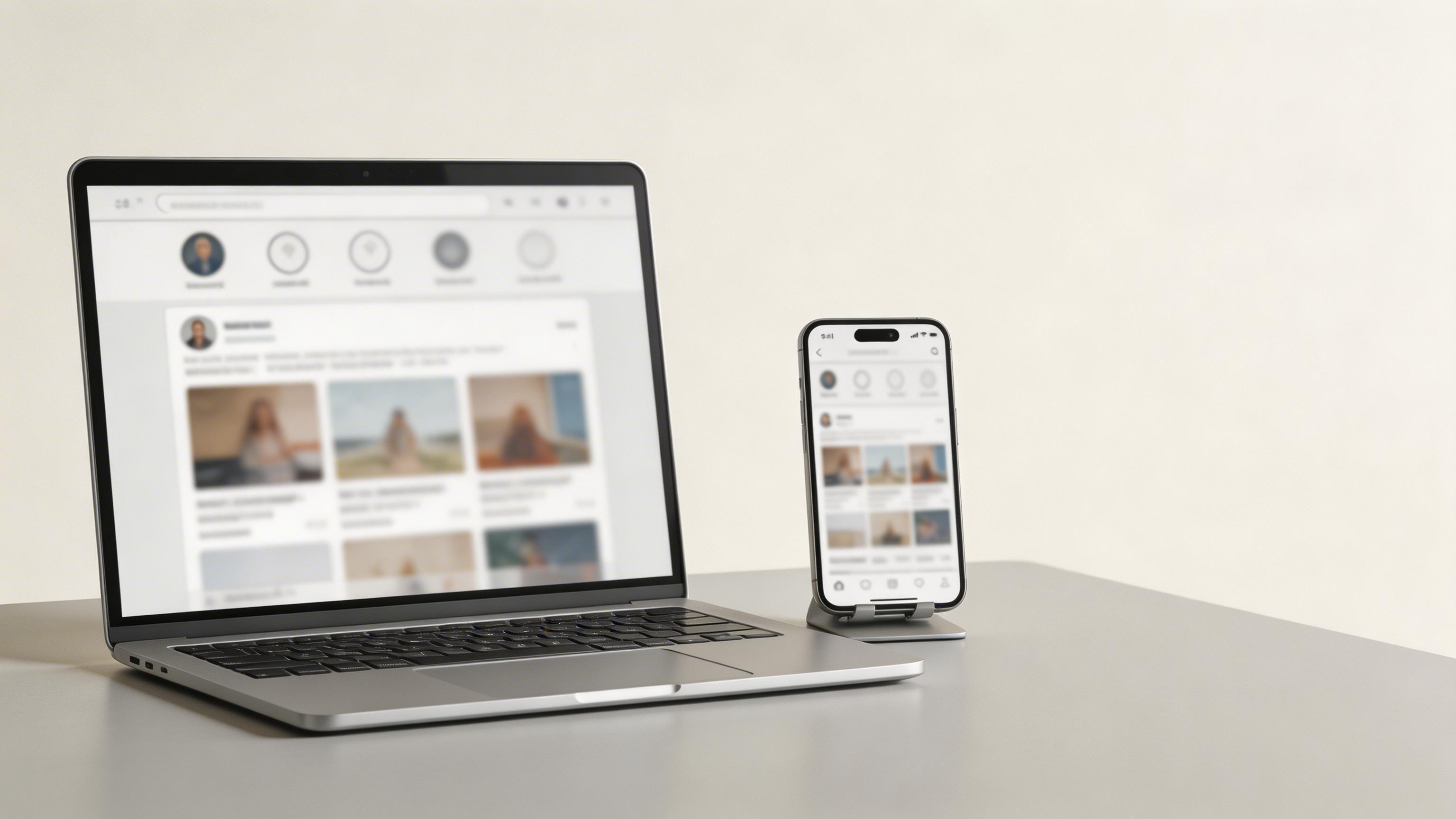 A laptop and a smartphone are positioned on a table, showcasing social media interfaces. The laptop screen displays a grid of images and user profiles, while the smartphone features a similar design, emphasizing digital connectivity.