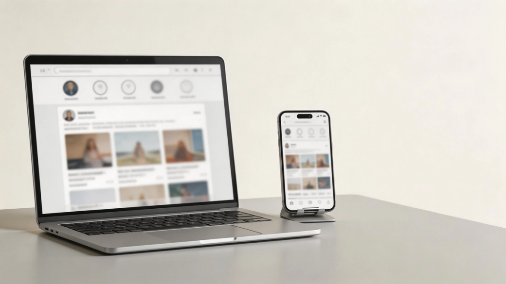 A laptop and a smartphone are positioned on a table, showcasing social media interfaces. The laptop screen displays a grid of images and user profiles, while the smartphone features a similar design, emphasizing digital connectivity.