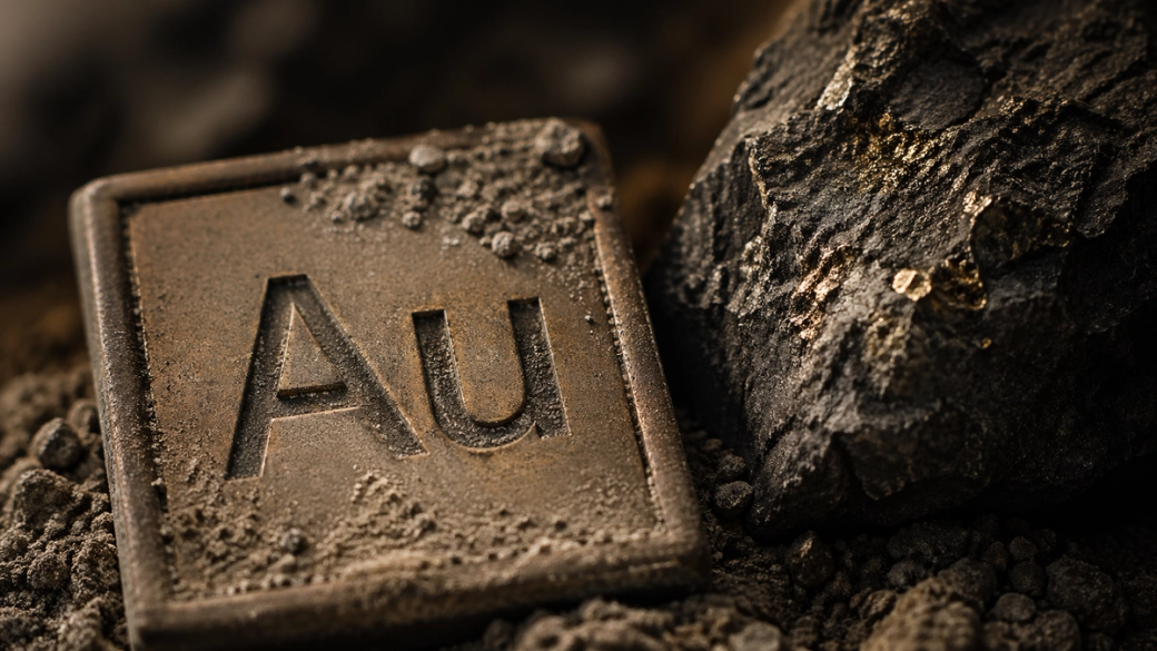 The image features a metal plate engraved with 'Au', symbolizing gold, placed on a textured surface alongside a rock that appears to contain gold ore. The contrasting elements highlight the theme of mineral extraction and precious metal.