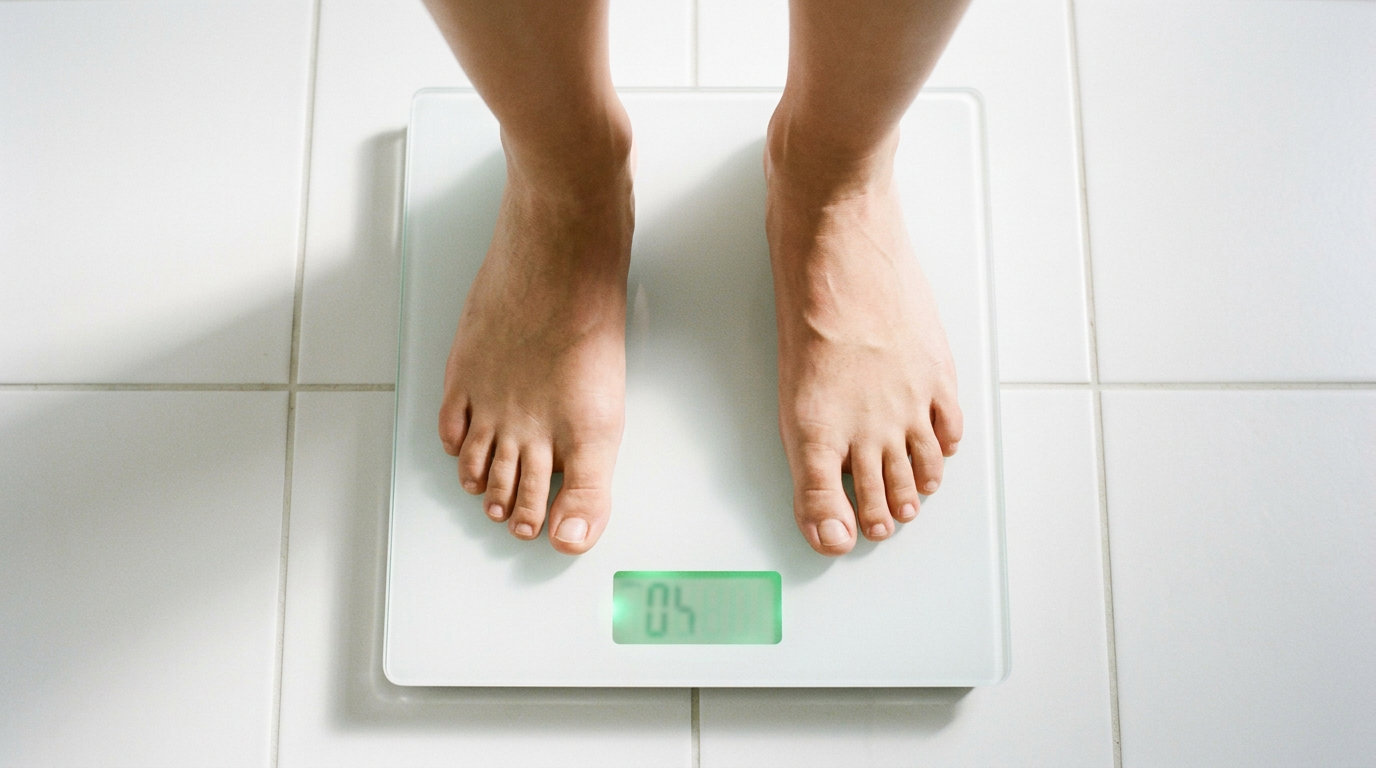 The image showcases a pair of bare feet standing on a digital bathroom scale, viewed from above. The scale's display features a glowing green number that is not legible, set against a clean white tiled floor illuminated by soft morning light, creating a serene and optimistic atmosphere.