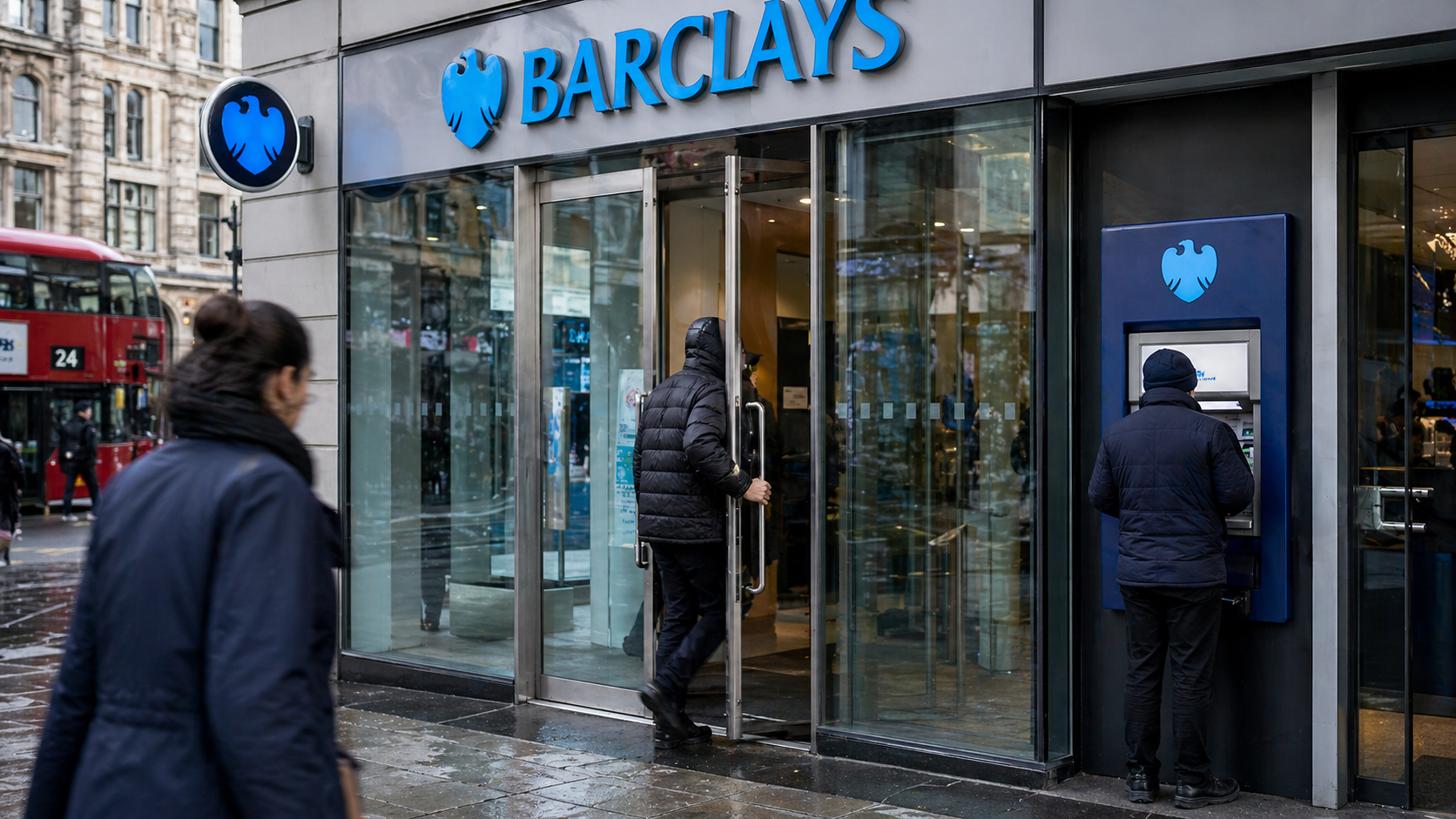 The image shows the entrance of a Barclays bank branch with customers interacting with an ATM. A person in a black coat is entering the bank, while another individual is using the cash machine.