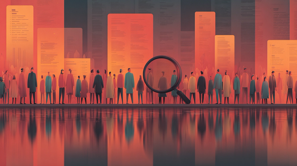 The image depicts a group of stylized figures standing in front of large, illuminated documents or data sheets. A magnifying glass is positioned prominently in the foreground, suggesting an examination or analysis of information.