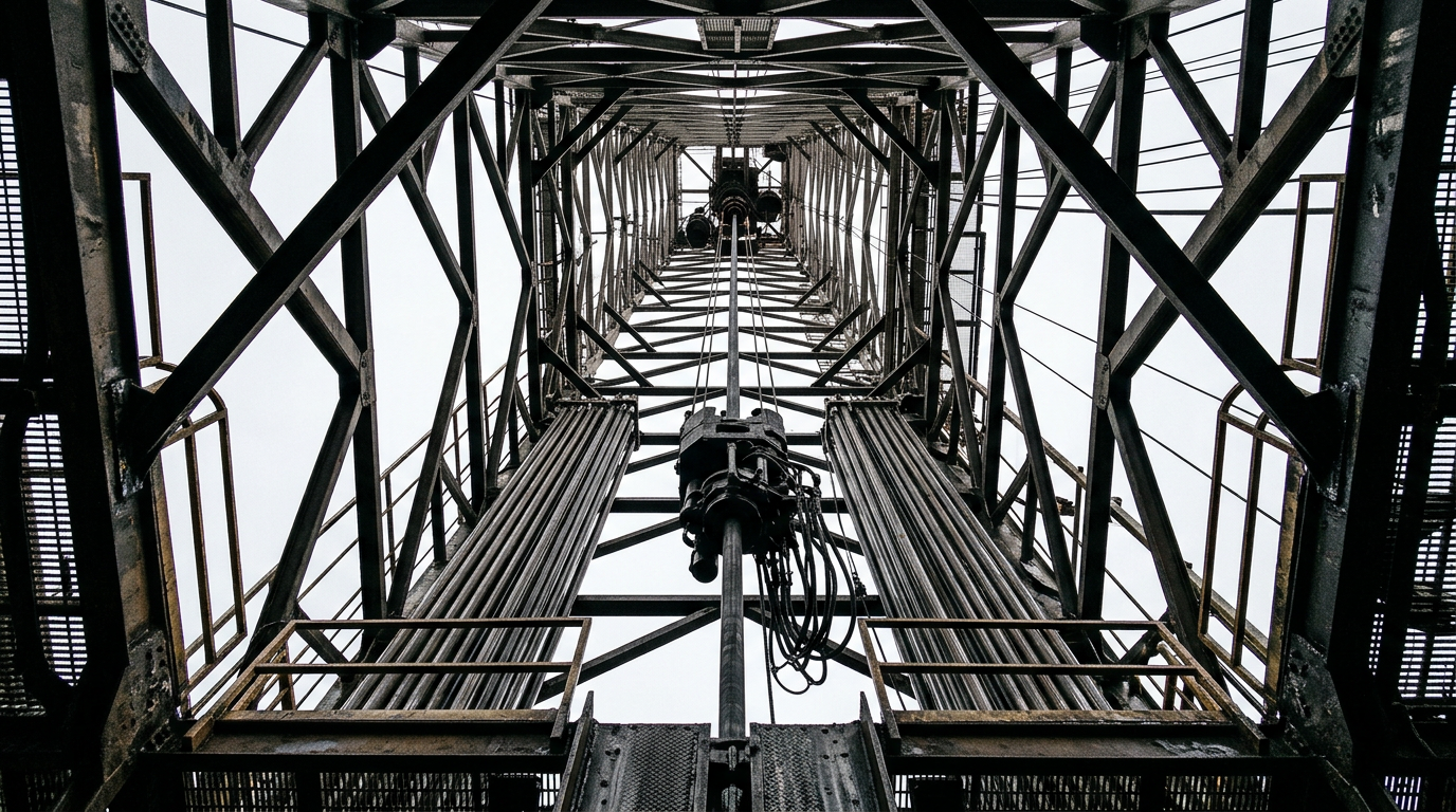 The image captures the interior view of a drilling derrick tower, looking directly upward. The structure's intricate steel lattice forms a geometric pattern converging toward the crown block, silhouetted against a pale overcast sky, while drilling equipment and pipe racks embellish the sides, revealing an industrial environment characterized by heavy machinery.