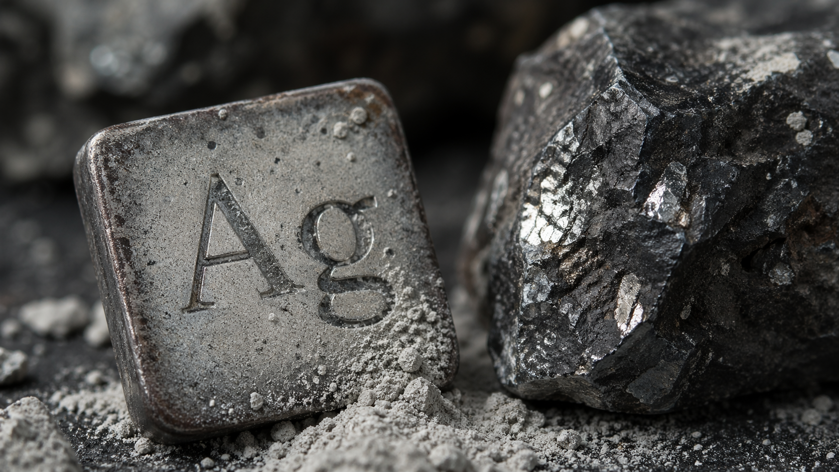 The image features a metallic tile marked with the chemical symbol 'Ag', representing silver, alongside a piece of silver ore. The background consists of a textured surface that resembles rocky material and fine dust, emphasizing the mineral context.