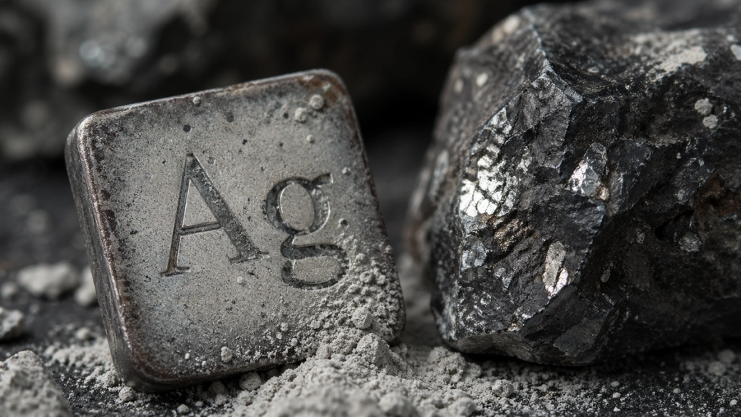 The image features a metallic tile marked with the chemical symbol 'Ag', representing silver, alongside a piece of silver ore. The background consists of a textured surface that resembles rocky material and fine dust, emphasizing the mineral context.